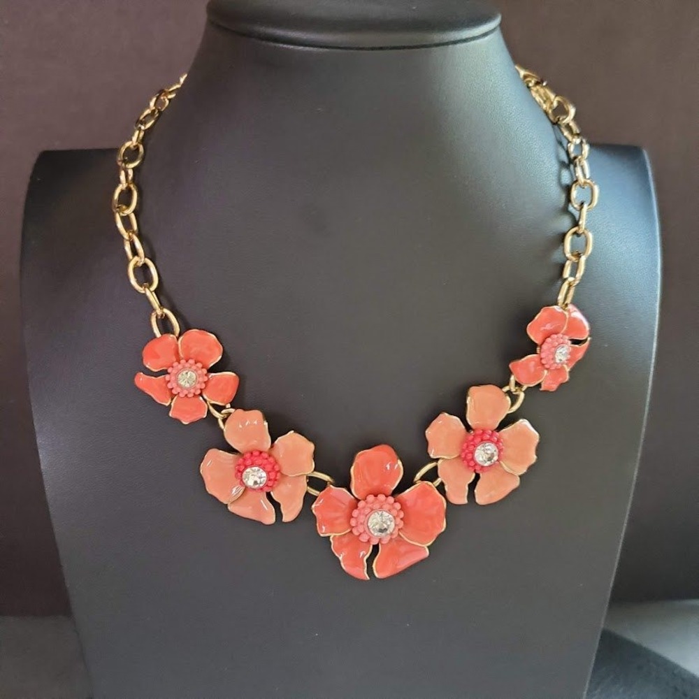 Dana Buchman Coral Enamel Flower Statement Necklace Gold Tone Floral Bib